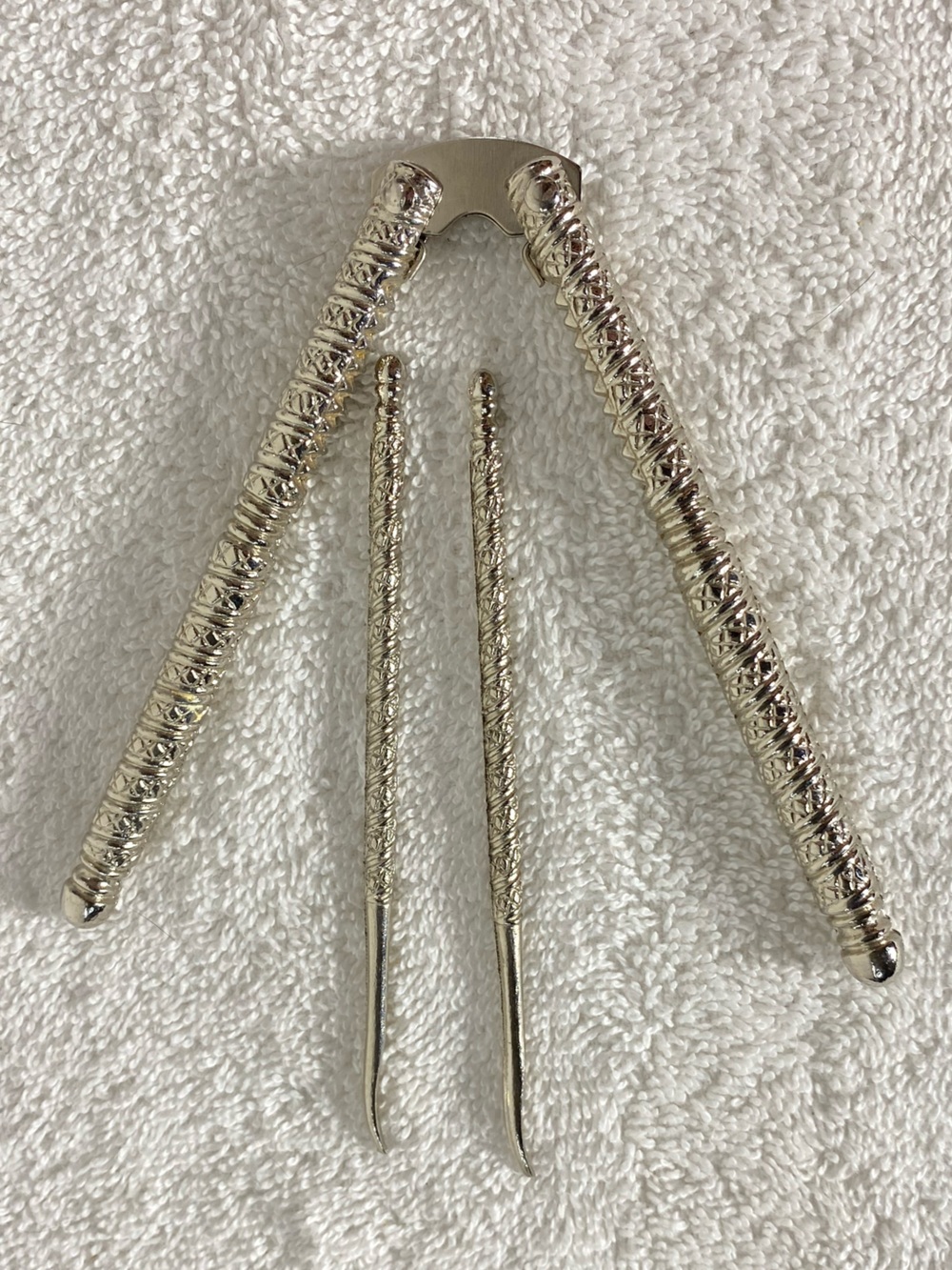 Vintage Ornate Silver Tone Nutcracker & 2 Picks Set MCM Metal Seafood Tool Kit